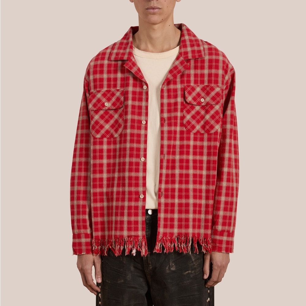 Anthroplogie Found Raw Cut Fringe Plaid Camp Shirt
in red plaid Size L NWT